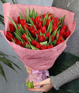 Букет из 51 красного тюльпана стандарт в стильной упаковке