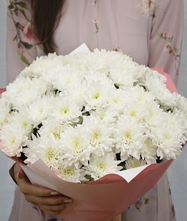 Букет из 19 белых кустовых хризантем в стильной упаковке