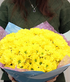 Букет из 25 желтых кустовых хризантем Бакарди в упаковке